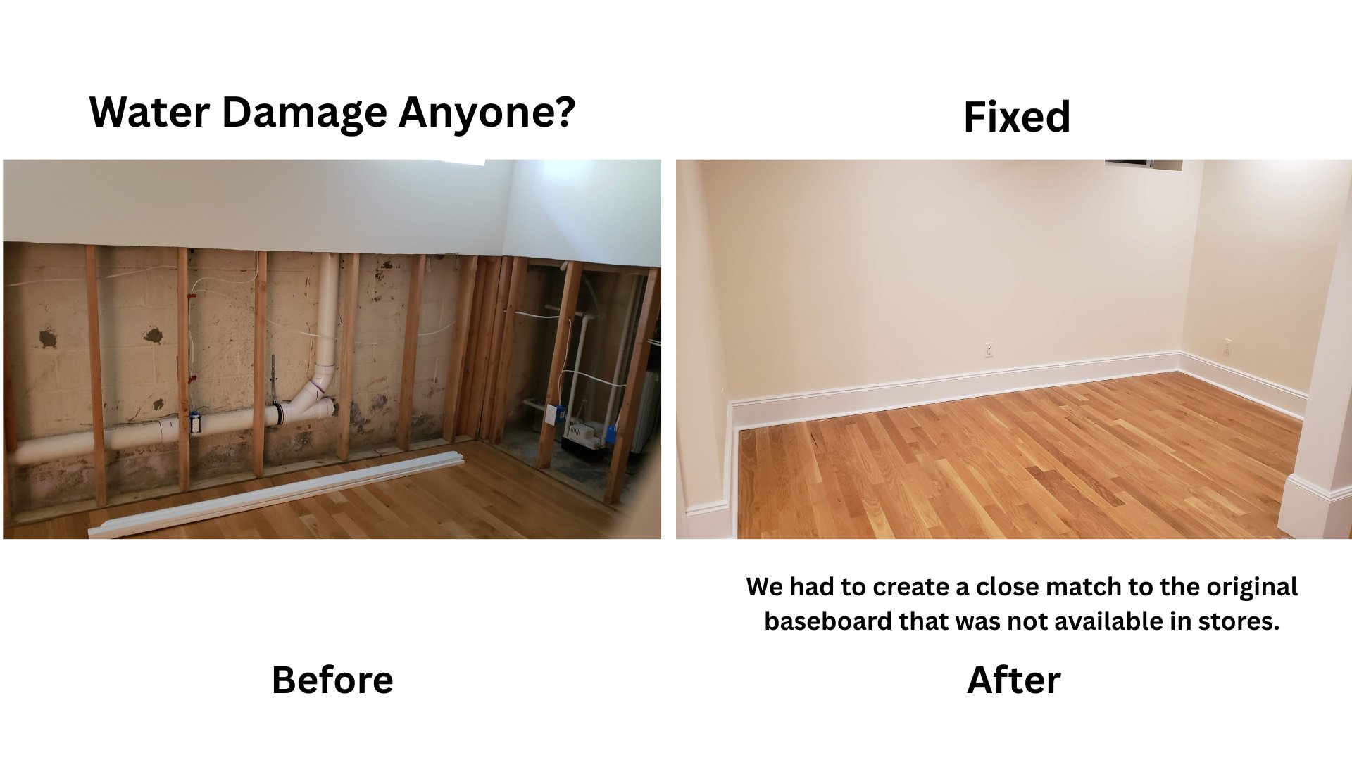Water damage repair with custom baseboard matching