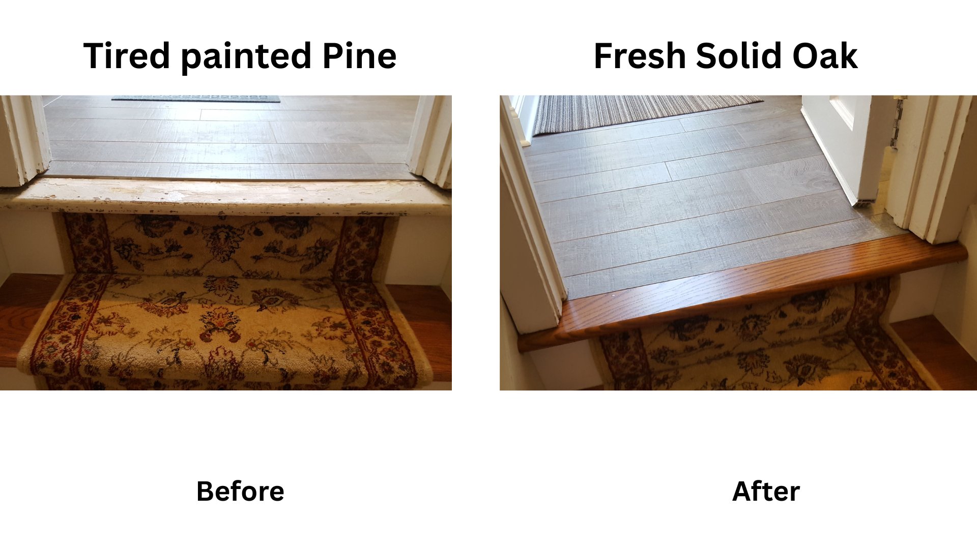 Tired painted pine replaced with solid oak bullnose