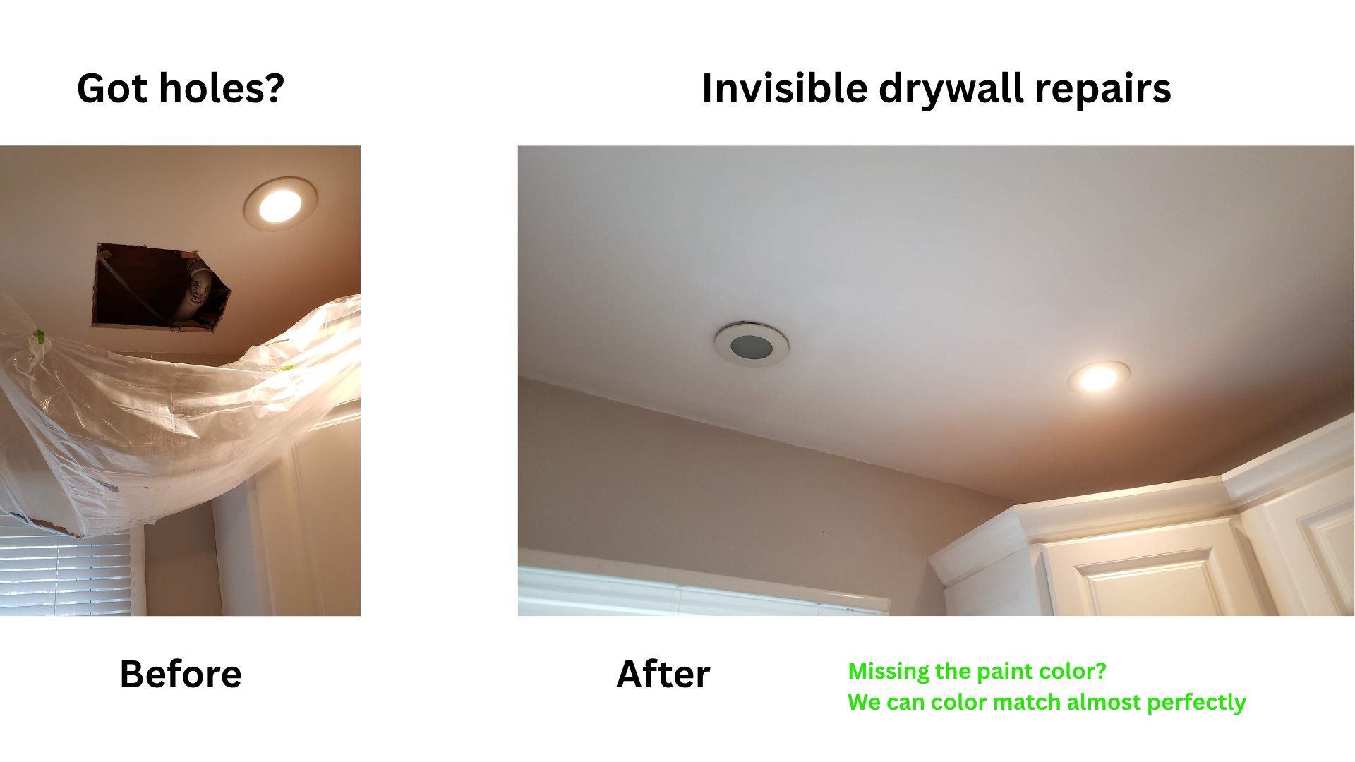 Invisible drywall hole repair with color match painting